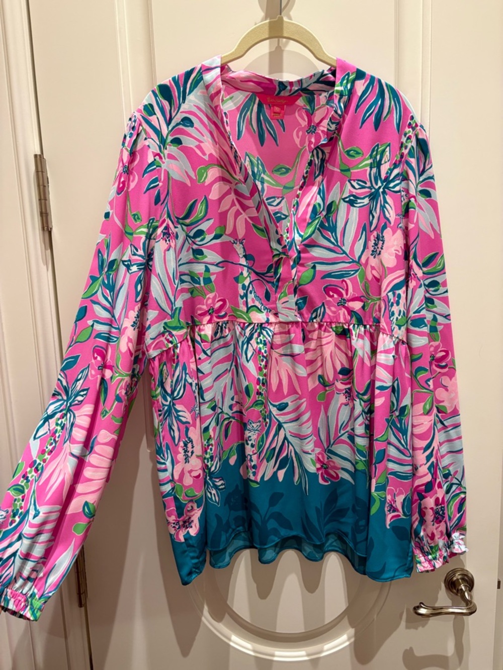 Lilly Pulitzer Pink Floral Print Blouse with Teal Accents
